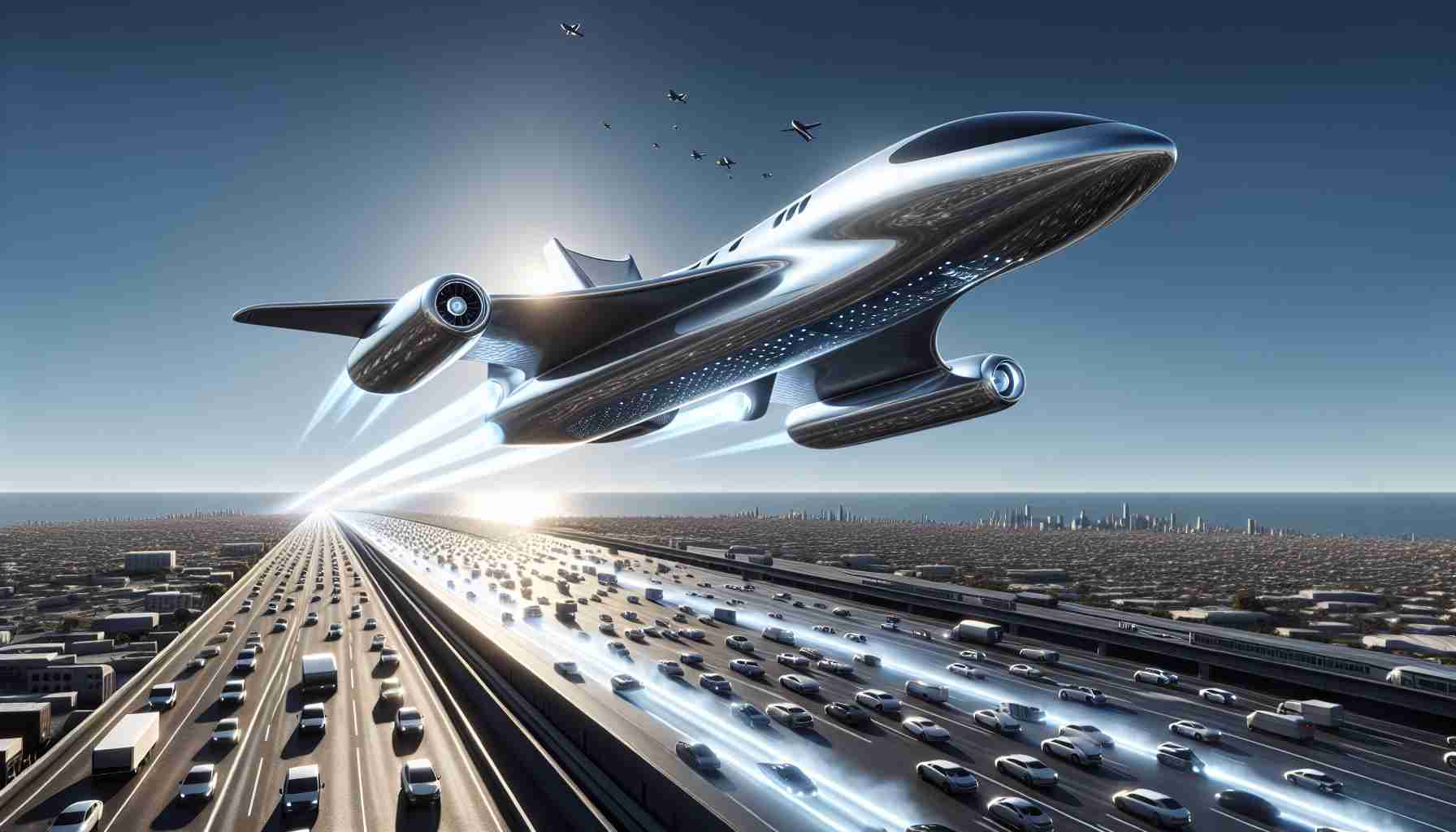 Visualize a highly realistic and high-definition image representing the future of transport. Imagine a modern air shuttle, sleek and futuristic in design. The air shuttle is soaring effortlessly across the clear blue sky, leaving a trail of white exhaust behind. It's notable for its streamlined shape, radar-evading curves, and gleaming metallic body. Eco-friendliness is also emphasized with the use solar-powered technology visible on its wings. Below it, provide a stark contrast with the current mode of transport - congested roads filled with traditional vehicles. The image should evoke a sense of innovation and progress towards a more sustainable and efficient future.