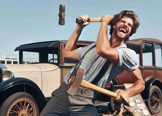 Generate a realistic, high-definition image of a Caucasian male, full of joy, swinging a sledgehammer towards an antique car. The car should be visibly old-fashioned, with unique vintage characteristics, and it's clear from his actions that the man positively delights in his unusual hobby. The scene is set somewhere outdoors during a bright, sunny day. There is no specific emotion on the car given it's an inanimate object.