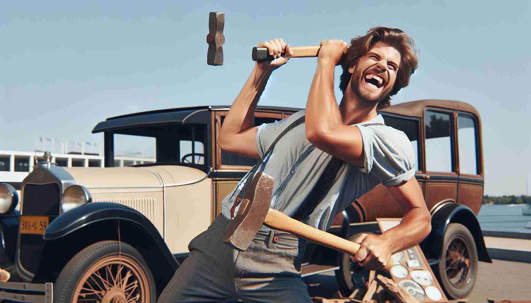 Man Joyfully Takes a Sledgehammer to Antique Car 