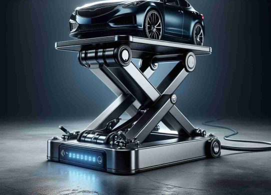 A realistic high-definition image of a revolutionary piece of technology: An electric jack. This is a game-changer in the field of vehicle lifting. View the design: modern and polished, constructed from high-grade, durable steel. Its sturdy base supports weight effortlessly with a gentle hum of electricity. Bright LED lights illuminate the area making it safe for night-time usage. It should be standing on a concrete surface, displaying its full weight-lifting capacity by effortlessly lifting a sleek, midnight-blue car. The foreground is gripped by the clear edges of the jack and the defined shadows it casts.