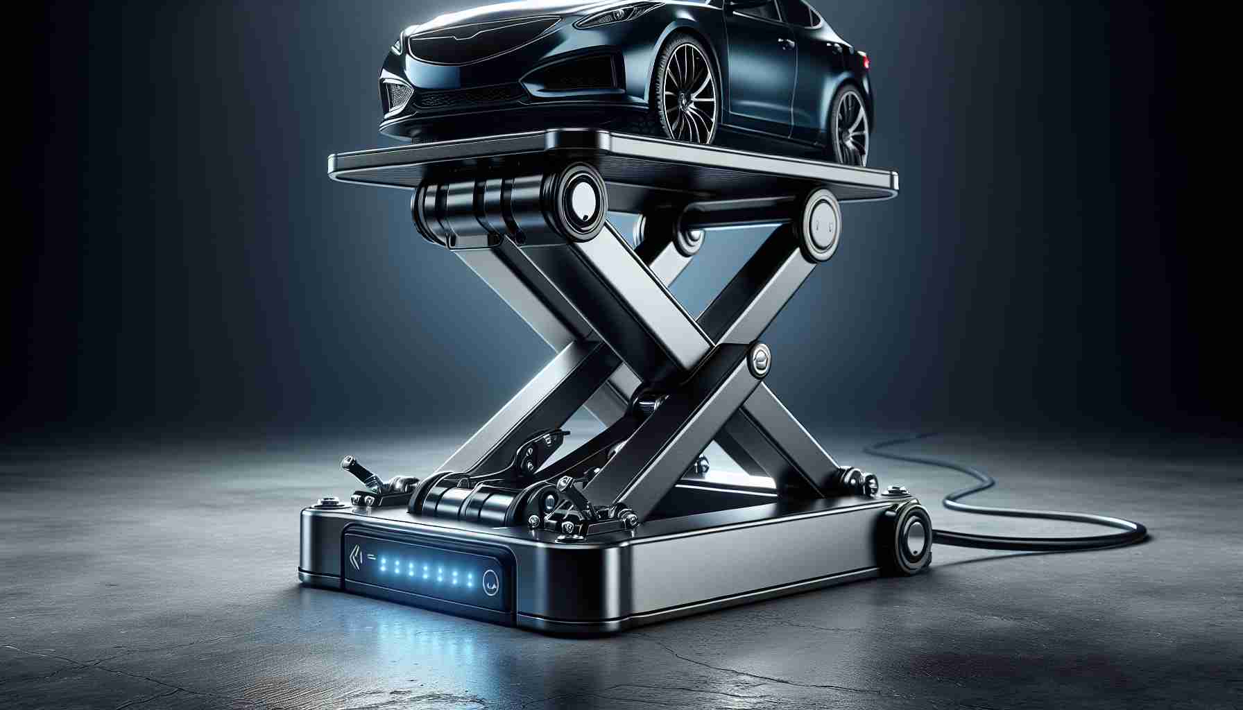 A realistic high-definition image of a revolutionary piece of technology: An electric jack. This is a game-changer in the field of vehicle lifting. View the design: modern and polished, constructed from high-grade, durable steel. Its sturdy base supports weight effortlessly with a gentle hum of electricity. Bright LED lights illuminate the area making it safe for night-time usage. It should be standing on a concrete surface, displaying its full weight-lifting capacity by effortlessly lifting a sleek, midnight-blue car. The foreground is gripped by the clear edges of the jack and the defined shadows it casts.