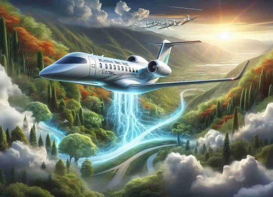 A high-definition, realistic representation of a revolutionary regional travel concept featuring an EL9, a hybrid electric aircraft. Show the aircraft in midair, with the electrical component visible, illustrating the future of green transportation. Surround the EL9 with stunning natural scenery, visually reinforcing the sustainable focus of this technology. The picture should evoke feelings of innovation, efficiency, and the pursuit for eco-friendly air travel.