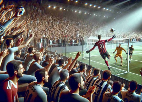 High definition, realistic image of a riveting sports match between rival teams. Capture the intensity of the competition, with the players fully engaged in the game. Additionally, depict the fans immersed in the moment, eyes wide with anticipation and seats mostly empty due to them standing and cheering. Make sure to illustrate the atmosphere of suspense that leaves everyone on edge, with fans of different genders and descents - Caucasian, Hispanic, Black, Middle-Eastern, and South Asian each represented equally.