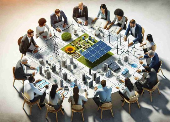 Create a high-definition, realistic image that symbolizes the concept of Grid Resilience. It should depict a group of diverse individuals collaboratively working on a model of a sustainable power grid. The image should include elements like solar panels, windmills, and maps outlining grid infrastructure. The people in the image should represent different genders and descents, including Caucasian, Hispanic, Black, Middle-Eastern, and South Asian individuals, engaged in a round-table discussion to emphasize the collaborative approach.