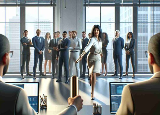 High-definition realistic representation of a leadership change within a large multinational corporation such as an energy management company. Render an office setting with a diverse group of professionals. In the center, let there be a female Hispanic executive passing a symbolic baton to a male South Asian executive, with other employees watching the handover. All the participants should be dressed appropriately for a corporate setting, expressing a mix of anticipation and respect for the transition.