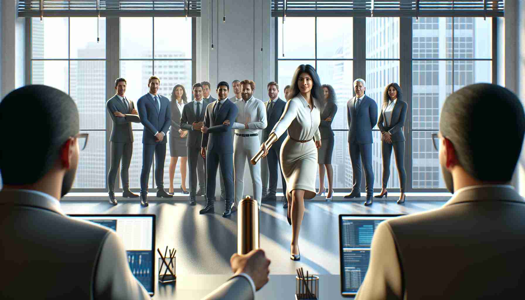 High-definition realistic representation of a leadership change within a large multinational corporation such as an energy management company. Render an office setting with a diverse group of professionals. In the center, let there be a female Hispanic executive passing a symbolic baton to a male South Asian executive, with other employees watching the handover. All the participants should be dressed appropriately for a corporate setting, expressing a mix of anticipation and respect for the transition.