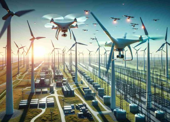 Create a high-definition, realistic image that portrays the future of energy infrastructure being revolutionized with aerial technology. Visualize a time where unmanned aerial vehicles or drones are extensively utilized for inspecting, repairing, and maintaining complex energy networks. There could be a large wind farm with several turbines, and drones flying around the area, using advanced tools for various tasks such as precision mapping, thermal imaging, and damage assessment. The scene should be set under a clear blue sky, highlighting an environmentally friendly, tech-driven future.