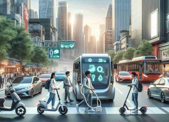 Generate a realistic, high-definition image illustrating the concept of the benefits of electric transportation. The scene may include a variety of electric vehicles such as cars, scooters, and buses on a bustling city street. Perhaps have a digital display showing CO2 emission savings and other environmental benefits. Additionally, you can include diverse crowd of people – such as a Caucasian woman stepping off an electric bus, a Middle-Eastern man charging his electric car, and a South Asian teenager riding an electric scooter.