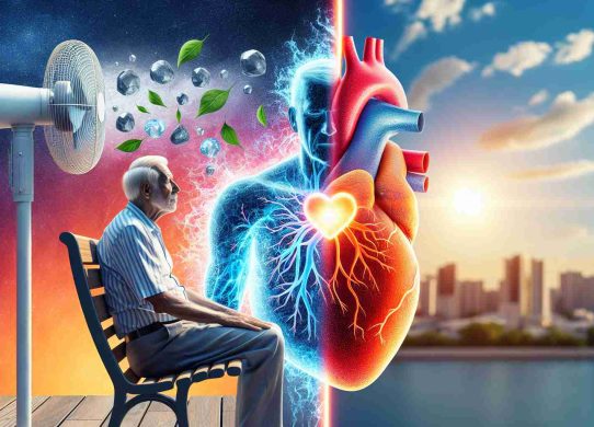 A high-definition, realistic visual representation expressing the concept of the impact of natural cooling methods on the health of the heart in older adults. The image could feature an older individual using a cooling method like a fan or sitting in the shade, with symbolic visuals such as a healthy, vibrant heart vs. a heart under strain from heat, illustrating the beneficial effect of these cooling techniques.