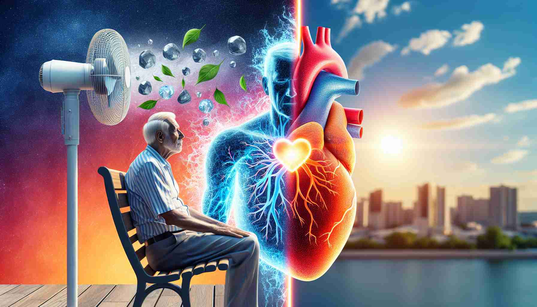 A high-definition, realistic visual representation expressing the concept of the impact of natural cooling methods on the health of the heart in older adults. The image could feature an older individual using a cooling method like a fan or sitting in the shade, with symbolic visuals such as a healthy, vibrant heart vs. a heart under strain from heat, illustrating the beneficial effect of these cooling techniques.