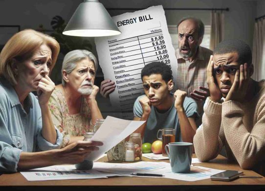 A high-definition, realistic image depicting the concept of rising domestic energy prices causing issues for households in the UK. Show a household bill with increasing energy costs clearly marked. Alongside it, illustrate worried and distressed expressions on a diverse group of people faced with the financial burden, including a middle-aged Caucasian woman, a young South Asian man, and an elder black gentleman. They are depicted in a typical British home setting, possibly discussing strategies on a table filled with papers, budget charts, and cups of tea.