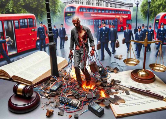 Realistically detailed image of a shocking incident in a London park, featuring an unidentified person where high voltage electrical equipment malfunction caused tragic circumstances. This is followed by an interpretation of the ensuing legal battles with gavels, scales of justice and law books.