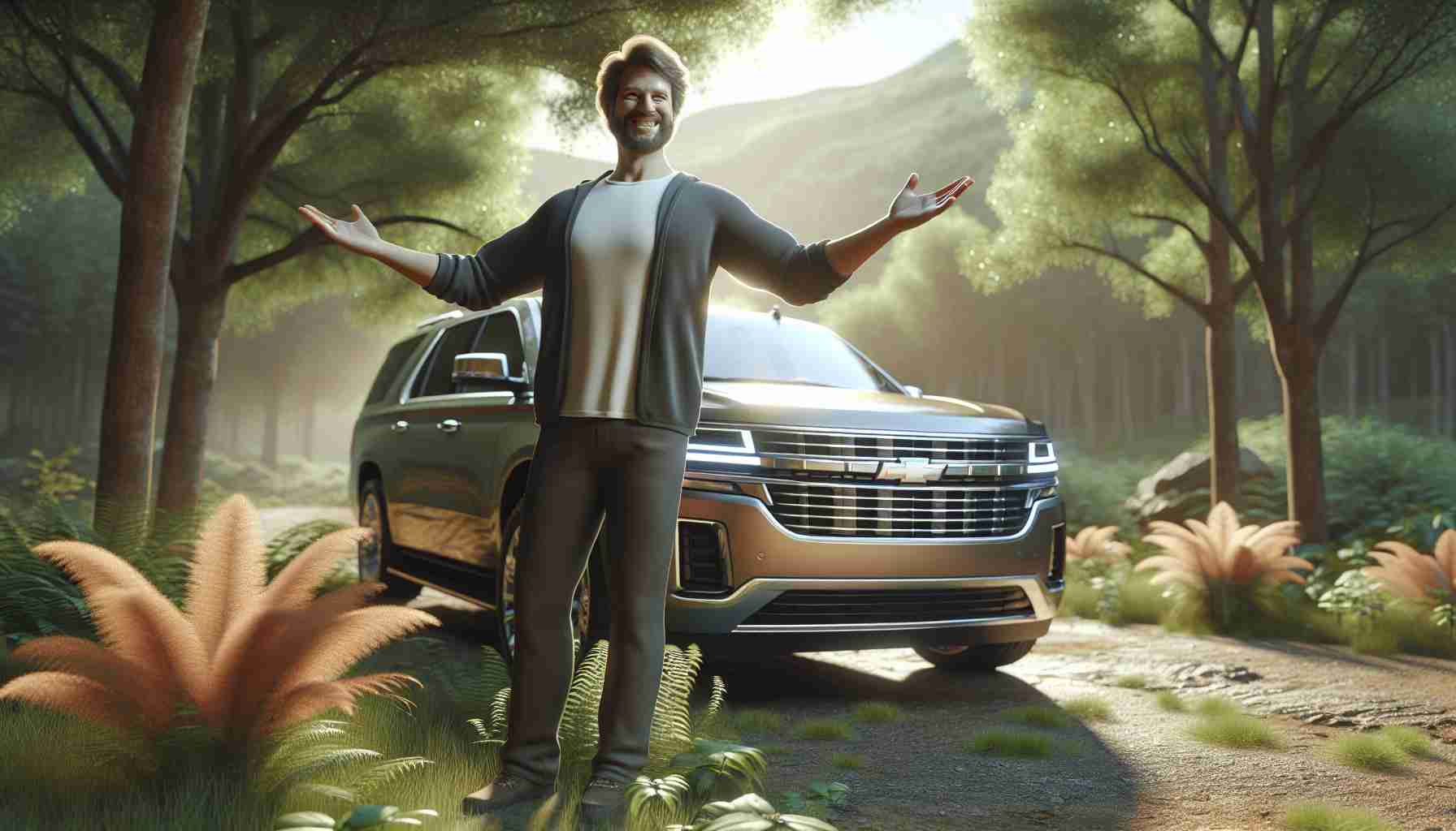 Realistic high-definition image depicting an individual standing by their new vehicle in a natural environment. The person is displaying an expression of gratitude - perhaps through warm, joyous facial expression or an expressive gesture like raised hands. The vehicle, shiny and new, is parked in a scenic outdoors landscape filled with trees, plants, or mountains to represent the environment. The overall atmosphere exudes a sense of thankfulness and respect towards nature.