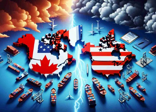 Depict a realistic, high-definition conceptual image featuring symbolic elements that represent trade negotiations, potential conflict and a sense of tension between two stylized geographical illustrations representing Canada and the U.S. These elements could include, for example, ships filled with cargo, import/export documents, and a storm brewing in the background.