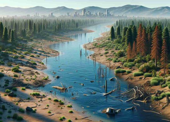 Render a detailed, realistic image in high definition of a significant river in Oregon portraying signs of environmental distress. This could include lower water levels, evident pollution, dead flora and fauna around it, or other signs of ecosystem imbalance. The scenery should evoke a sense of alarm and urgency to reveal the impact of environmental issues.