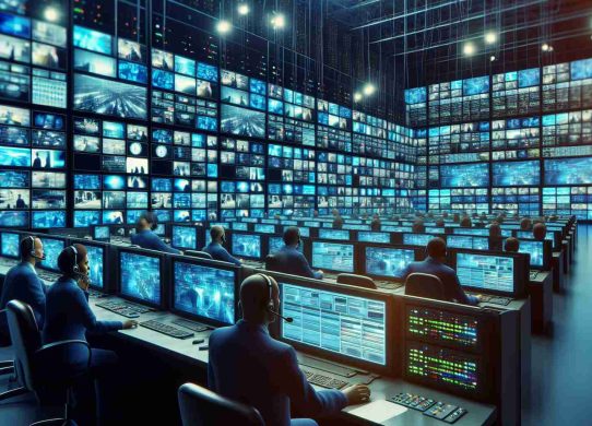 High definition image of a fictional broadcasting organization's distribution room filled with monitors showing various channels, with people in headsets managing the operations. This image should capture the dynamics of a large media distribution network