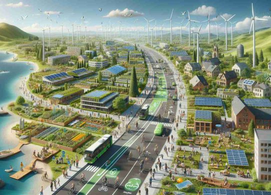 A high-definition, realistic image showcasing the transformation of a county into a sustainable future. The landscape is teeming with elements of sustainable living, such as windmills, solar panels, green roofs on buildings, electric buses on roads, and lush greenery. People of various descents and genders are visibly taking part in this eco-friendly lifestyle, cycling on bike lanes, tending to community gardens, and participating in recycling programs. The sky above is clear blue, indicating a pollution-free environment. A banner across the image proclaims, 'A Sustainable Future Awaits.'