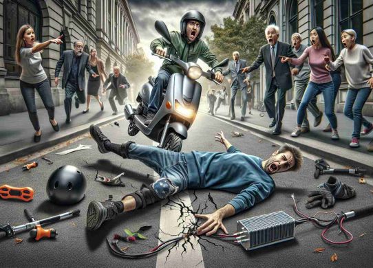 An intense, high-definition scene depicting an accident involving a rider who has taken a nasty fall from their electric scooter, symbolizing a critical state. The surrounding details show rectifier, helmet, and knee pads tossed around. Signs of a heavy braking mishap can be seen clearly on the sidewalk, along with a crowd of varied individuals, including a concerned middle-aged Caucasian man and a surprised young Asian woman, in the background pointing and gasping. No explicit graphic details, but rather a strong focus on the emotional intensity and dramatic aftermath of the event.